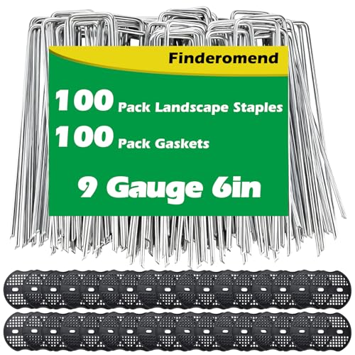 Finderomend 100 Pack Landscape Staples and 100 Pack Gaskets,6in Long 9 Gauge Galvanized Steel Garden Staples with Black Pads,Landscape Pins Turf Staples for Securing Weed Barrier Artificial Grass