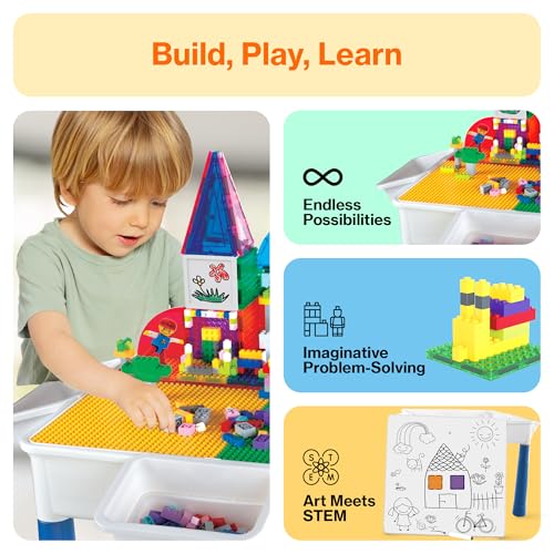 picassotiles 585pc kids activity table magnetic tiles and building bricks stem pretend play learning with reversible brick whiteboard tabletop storage bins and add-on toys boys girls ages 3 pbt585