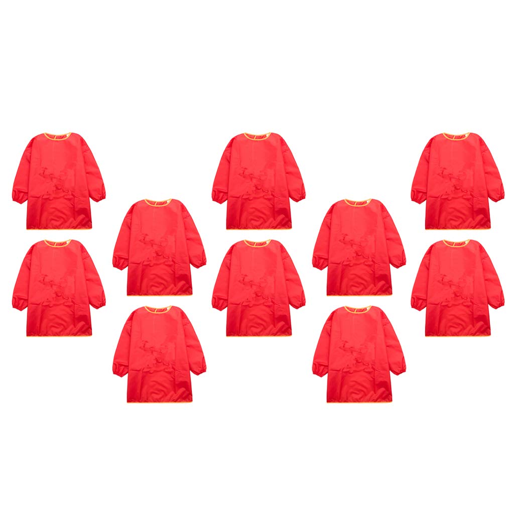 HomeDecTime 10 Pack Kids Art Smocks Children Waterproof Artist Painting Aprons with Long Sleeve for Age 3-8 Years, Red Color