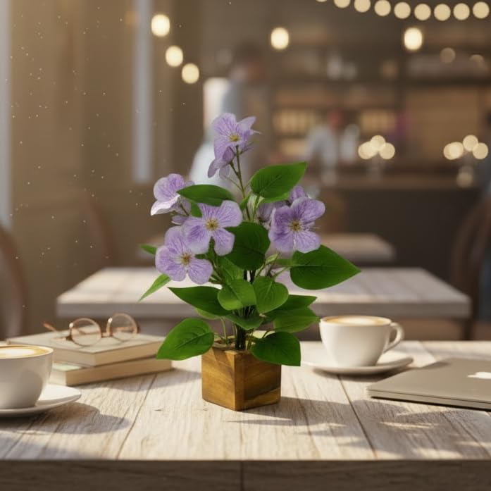 Image of fancymart Artificial Flower Plant Set of 2 with Wooden Pot - 23 cm Height | Real-Touch Faux Floral Decor for Home, Office, Living Room, Bedroom, Desk & Gift Purpose