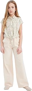 DeFacto Girl Casual Wide Leg Woven Bottom Trousers,Light Stone 13/14 Y