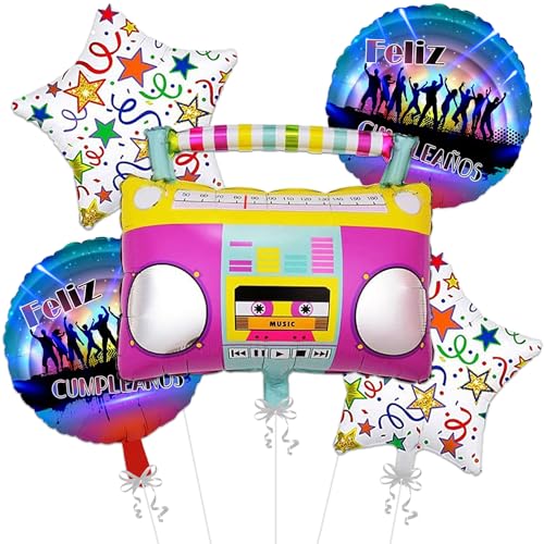 Image of Rozi Decoration Radio Foil Balloons For Music Theme Party Decorations With Round & Star Shape Foil Balloons Happy Birthday Decorations For Kids, Girls, Boys Pack Of 5 Pcs, Multicolor