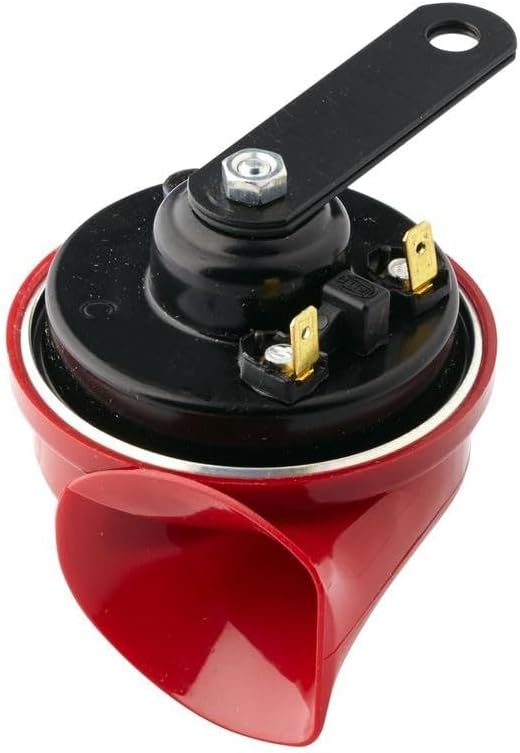 HELLA 3FG 007 424-011 Trumpet Horn - TE16-12V - 110dB(A) - Frequency Range: 500Hz - High Tone - Electric - Housing Colour: Red/Black - Flat Plug-in Connector
