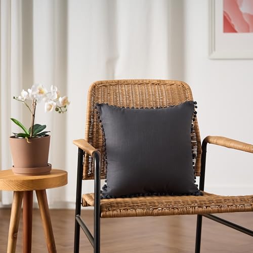 Image of 100% Cotton Pom Pom Cushion Without Filler, Elegant & Modern Cushion Cover for Living Room, Square Shape, 20 inchx20 inch, uni slub, Set of 5 - Charcoal Grey