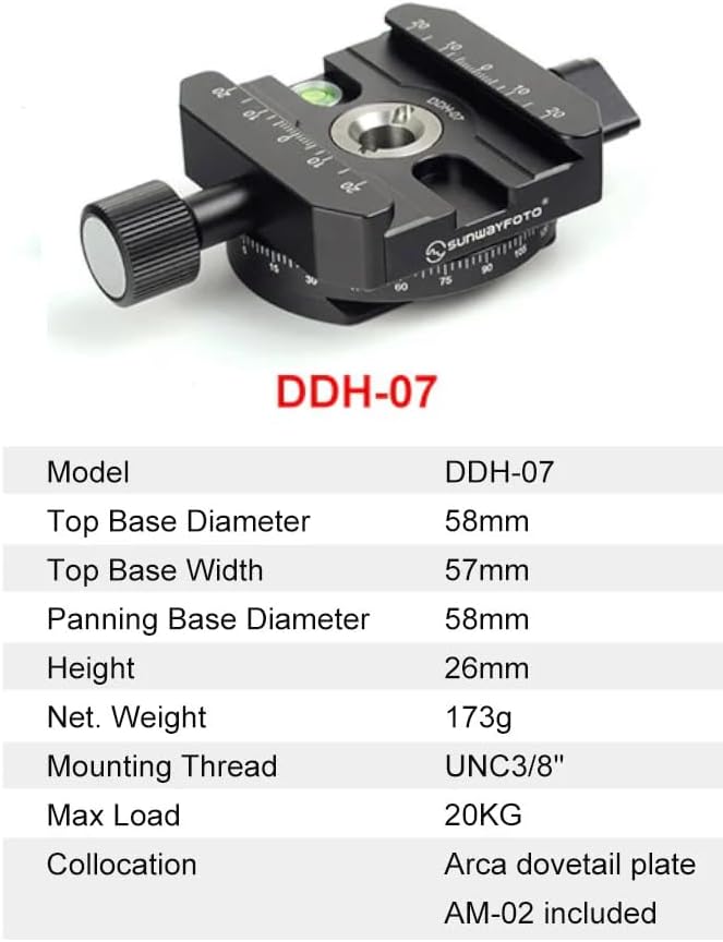 Sunwayfoto DDH-07 58mm Panning 360° Clamp Compatible with Arca