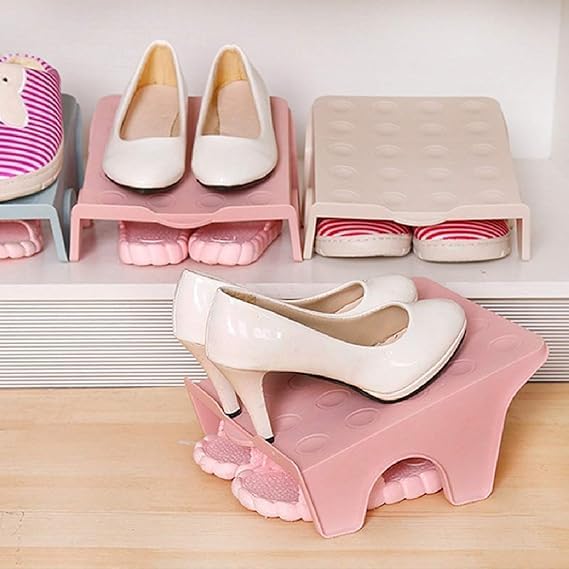 Shoe Slots Organizer | Double Deck Plastic Shoe Rack for Closet & Wardrobe Storage | Stackable Footwear Organizer for Men & Women, Adjustable Shoe Holder (Pack of 8,Pink & Blue)