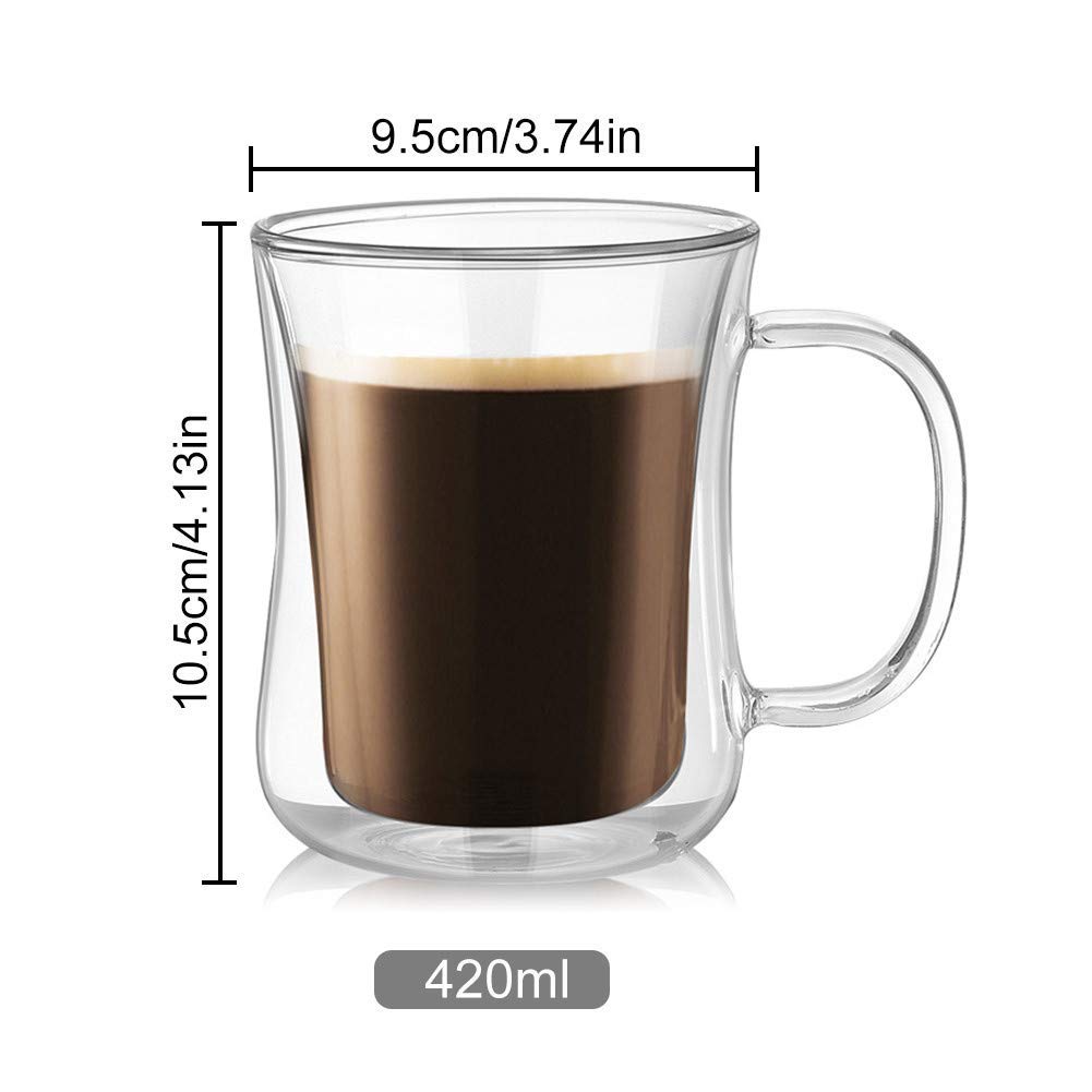 Baskety Glass Coffee Mugs - 420ml Double Walled Insulated Mug with Handle, Perfect for Latte, Americano, Cappuccinos, Tea Bag, Beverage. (Pack of 2) 4