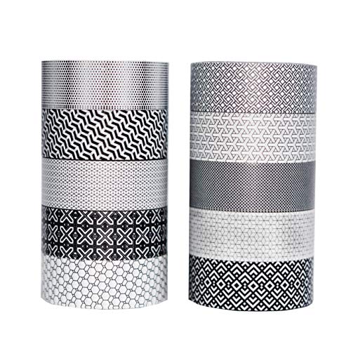 Nitsuga Washi Tape | Set of 10 | Japanese Style | Custom Patterns | Black & White Geometric | Longer 16.4 Feet Rolls | 164 Feet Total | Decorative Adhesive Tape for Scrapbooking, Journals & Planners