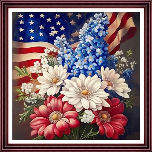 Image of Redxing Stamped Cross Stitch Kits Full Range of Embroidery Starter Kits- Needlepoint Counted Cross Stitch Kits for Beginner Adults 11CT Printed Embroidery Kit-National Flag Flowers 18x18 inch