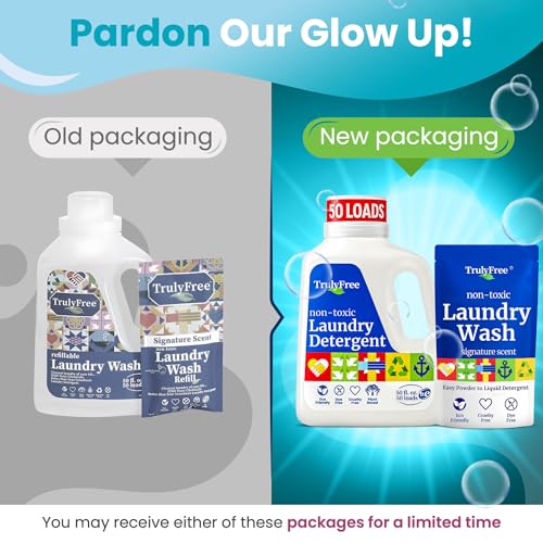 Truly Free Natural Laundry Detergent for Sensitive Skin | Eco Friendly, Plant Based, Baby Clothes Safe | Clean & Easy Powder to Liquid, 1 Pack Detergent + 1 Refillable Jug | Signature Scent, 50 Loads