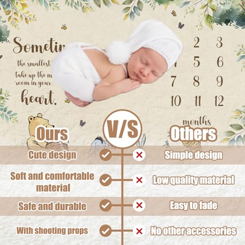 Image of Winnie Quotes Milestone Blanket, Baby Blankets with 8pcs Holiday Cardstock | Pooh Milestone Blanket for Baby, Polyester Material, Newborn Photography Background Decor, 35.4*47.2in