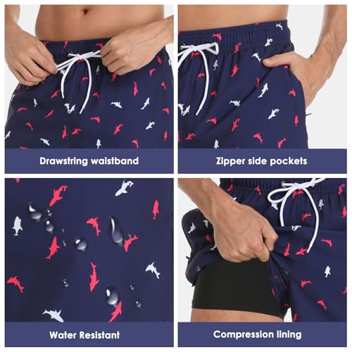 Image of Mens Swim Trunks Compression Liner No Mesh Swimming Trunks Men Swimwear Quick Dry Above Knee Zipper Pocket Swim Shorts