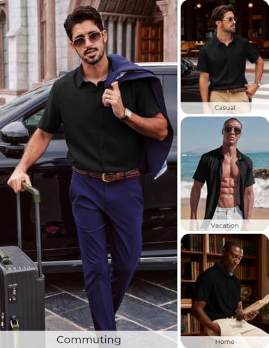 PJ PAUL JONES Men's Short Sleeve Dress Shirts Regular Fit Business Casual Shirt Lightweight Whit Pocket S Black — view 4