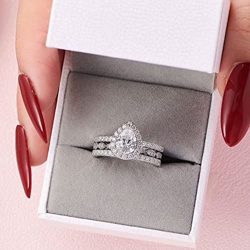 Wuziwen Halo Pear Cut Wedding Ring Set CZ Engagement Rings for Women 925 Sterling Silver Size 5-124