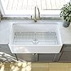 DeerValley DV-1K512 Grove 33"L x 18"W Farmhouse Sink Fireclay White Kitchen Sink Apron Front Deep Single Bowl Farm Sink with Stainless Steel Bottom Grid and Kitchen Sink Drain