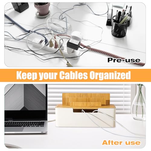Kabelbox mit Holzdeckel, 30 × 16 × 13 cm Kabel Organizer Box mit Telefon, Smartwatches und Tablet Halterung, Kabelmanagement Box zum Verstecken von Steckdosenleiste und Kabel, Weiß (Weiß)