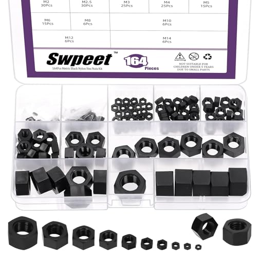 Swpeet S4389 164Pcs 10 Sizes M2 M2.5 M3 M4 M5 M6 M8 M10 M12 M14 Metric Black Nylon Hex Nuts Assorment Kit, Metric Thread Plastic Fastener Nuts Hexagon cover
