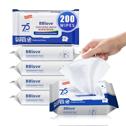 BBlove Wet Hand Sanitizing Wipes with 75% Alcohol - 4 Packs of 50 Count (200 Total Wipes) With Aloe Vera Moisturizing Formula - Portable Sanitizer Wipes for School Home Office and Travel On-The-Go