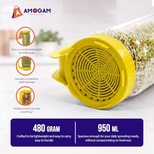 Image of Sprouts Maker Glass Jar - 950ml Large Sprouts Maker Jar for Home Use | BPA-Free Sprouting Jar with Drain Lid Handle | Reusable Glass Sprout Maker Jar for All Seeds and Beans (Yellow)