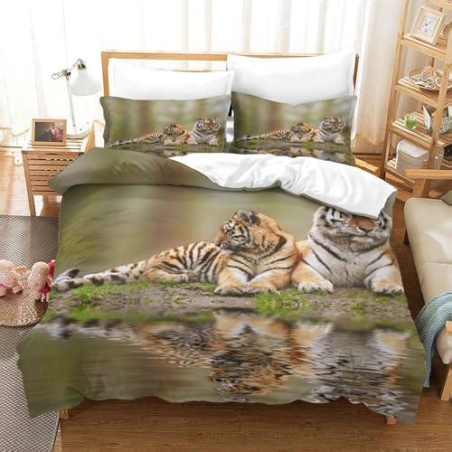 Housse de couette tigre imprimé 3D microfibre parure lit 1 place