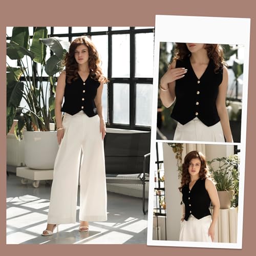 Image of Women's Striped Cropped Knit Vest - Sleeveless V Neck with Gold Buttons, Business Casual Multi-Season Layering Top
