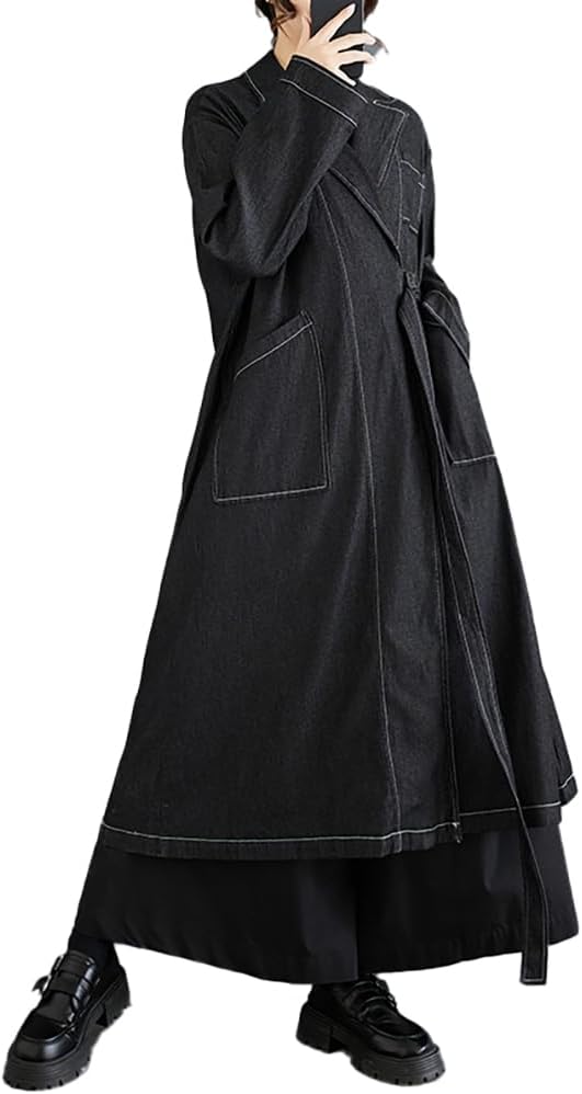 ellazhu Women's Coat Loose Oversize Casual Trench Coat Denim Jacket Jean Plus Size Tendy Maxi Drawstring Solid GZ338 - Image 4