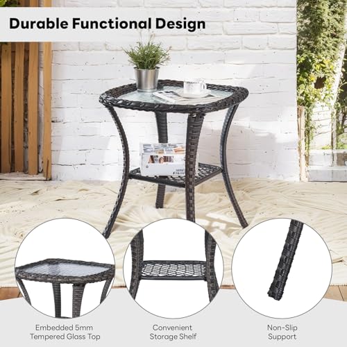 Belord Small Outdoor Side Table - Tempered Glass Wicker Table, Waterproof Patio Coffee Table Rattan End Table with Storage, Brown - Thumbnail 4