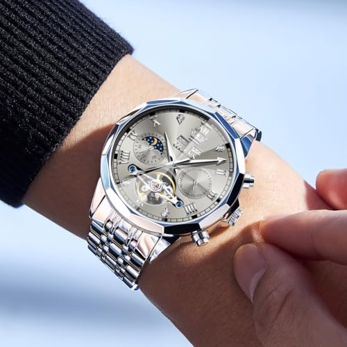 Image of OLEVS Automatic Watches for Men Business Dress Mechanical Watch Stainless Steel Waterproof Self Winding Classic Date Luxury Diamond Skeleton Men Wristwatch