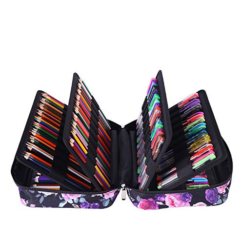 Image of Colored Pencil Case Slot Holds 300 Pencils or 200 Gel Pens with Zipper Closure Large Capacity Nylon Pen Organizer for Painter or Artist (Purple and Pink Rose)