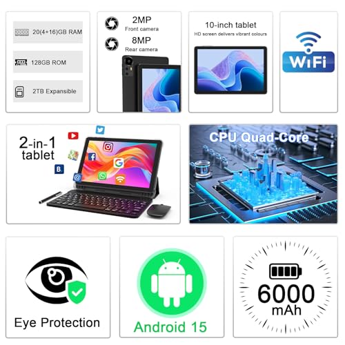 CUPEISI tablet Android 13 de 10 polegadas, 12 GB de RAM+128 GB de ROM/1 TB expansível para tablet PC, 2 em 1 com teclado, CPU HD de quatro núcleos de 2,0 GHz, certificado pelo Google 5G WiFi 6 BT 5.0 - Imagem 2