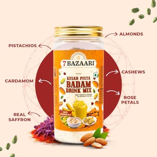 Image of 7 BAZAARI Kesar Pista Badam Milk Mix Powder 225g | Premium Badam Powder with Kesar, Pista & Spices | Ideal for Kids & Adults | No Artificial Flavours (Pack of 5)