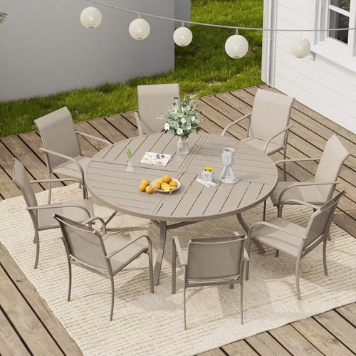 Image of VICLLAX 63 inch Round Outdoor Table, Patio Dining Table for 8-10 with Umbrella Hole for Garden Lawn Deck Backyard, Sandshell