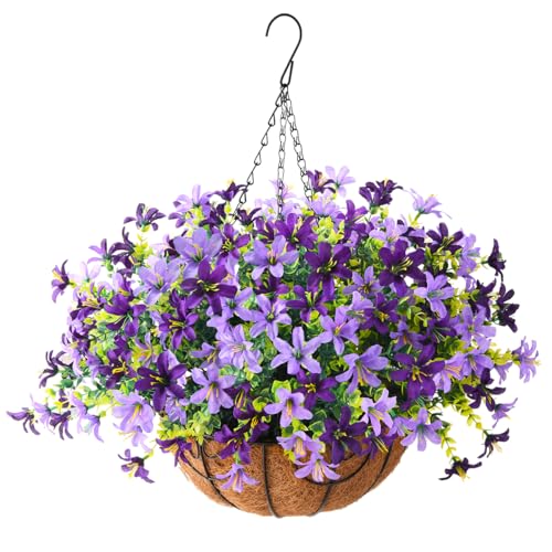 INQCMY Artificial Hanging Violet Flowers in Basket for Outdoors Summer DecorationFaux Silk Floral ArrangementUV Resistant Realistic for Home Garden Balcony Porch DecorDeep Purple