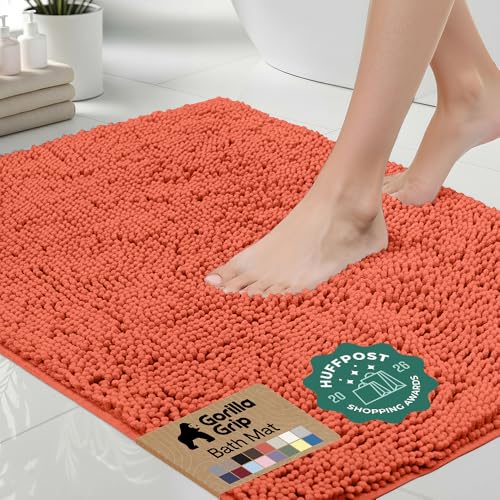 Image of GORILLA GRIP Bath Rug Mat 30x20, Thick Soft Absorbent Chenille, Quick Dry Microfiber Mats, Rubber Backing Washable Shower Floor Rugs, US Designed Bathroom Bathmat Home Decor Accessories, Coral