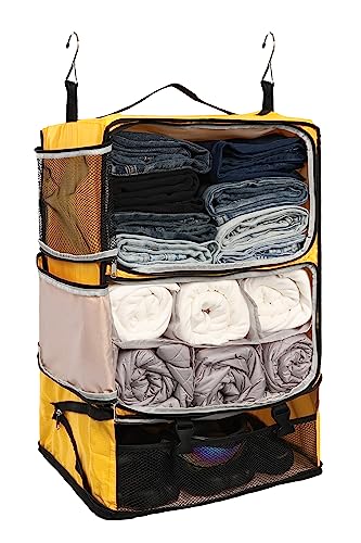 ELEZAY Hanging Packing Cubes Portable Closet 3-Shelf Travel Collapsible Compression Garment Organizer for Carry-on Luggage Suitcase Space Saver Bag XX-Large_No Side Pockets, Yellow