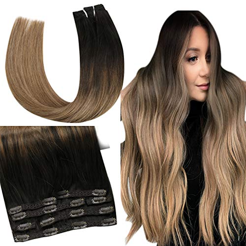 JoYoung Clip in Hair Extensions Human Hair Ombre 16 inch Clip in Hair Extensions Ombre Darkest Brown to Medium Brown Mix Caramel Blonde Ombre Clip in Human Hair 7pcs 120g