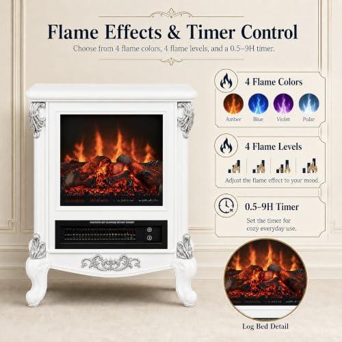 Image of FESTIVITY 18 inch Electric Stove Fireplace, 1500W Thermostat with 5100 BTU Heat Output, Adjustable Flame & Brightness Levels, Portable Electric Fireplace for Bedroom & Living Room-White & Silver