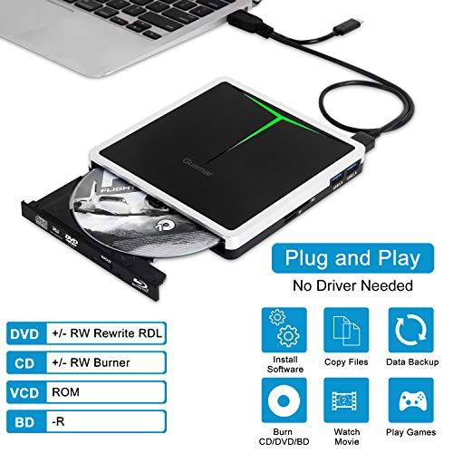 Guamar External Blu Ray Drive, Usb 3.0 Type C Blu-Ray Writer Bluray Dvd Burner Slim Portable Optical Blue Ray Disk Reader Bd Cd Dvd Drive Player For Laptop Mac Macbook Pc Windows 11 With Sd/Tf Slot #TOP1