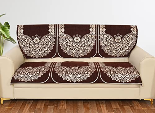 Image of Sky Blue 5 Seater Sofa Cover (3+1+1) with Complete Cover Set - Soft Stretch Fabric, Couch Protector Heavy Fabric Sofa Slip Protector (Coffee Brown)