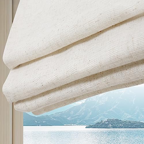 Cordless Linen Roman Shades, Natural Custom Fabric Room Darkening...