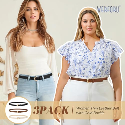 WERFORU 3 Pack Women Skinny Belt Thin Waist Belt for Women Leather Belt with Gold Buckle for Jeans Pants Dress 0.74" Width3
