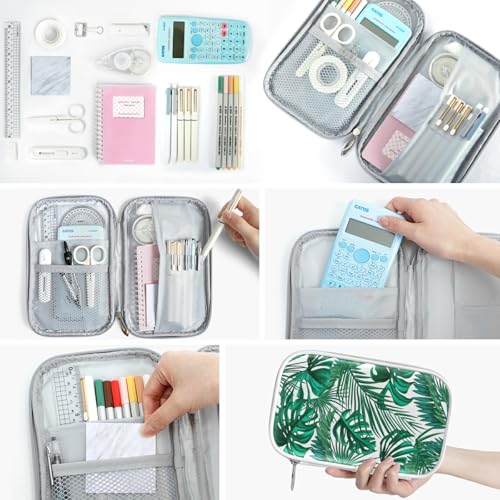Image of Green Palm Leaves Pencil Bag Case Zipper Pencil Holder Organizer Stationary Pen Bag Cosmetic Makeup Bag Pouch Purse for School Office Supplies