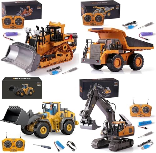 Dujuanus 4Pcs Bulldozer Télécommandé, Excavatrice Télécommandée pour garçons et Filles âgés de 3+ Ans, 2,4 GHz Voitures Jouets RC Construction avec lumière et Son