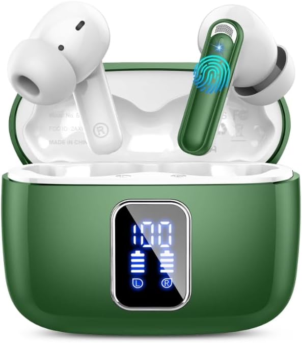 Wireless Earbuds, Bluetooth Headphones, 60H Playtime Dual LED Display, Bluetooth 5.4 Technology, IPX7 Waterproof, in Ear Earphone with Mic for iPhone Android Phone, Green
