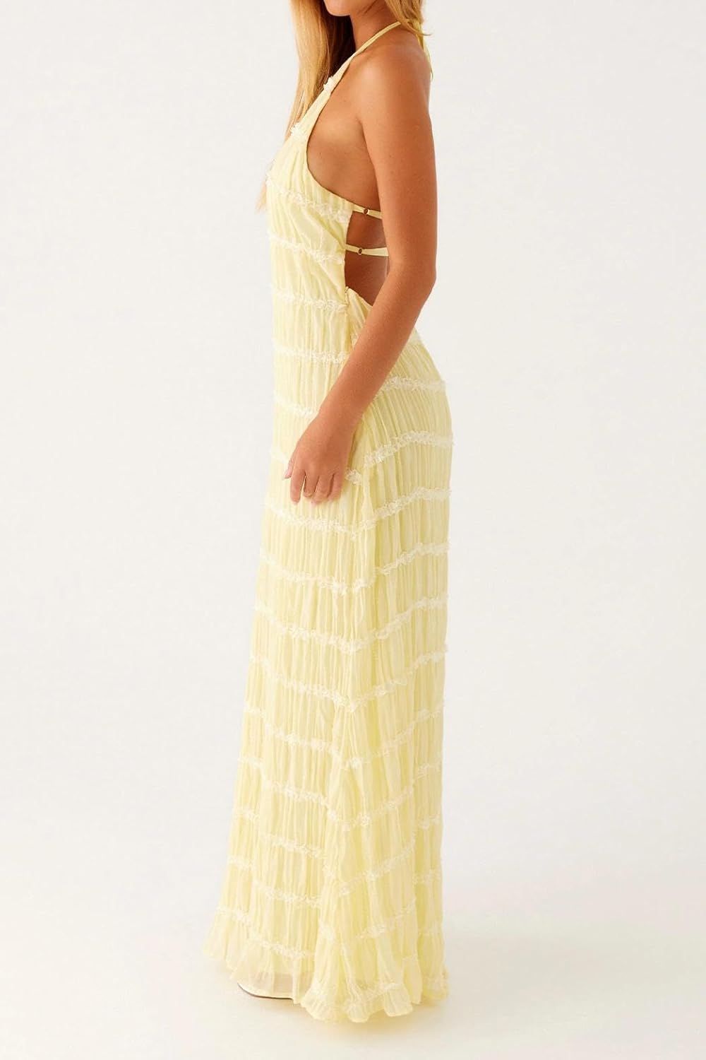 ABYOVRT Women Backless Dress Sleeveless Textured Halter Open Back Maxi Dresses Vacation Wedding Guest