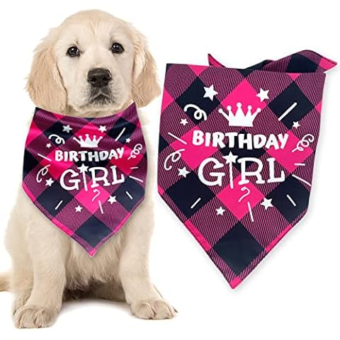 ExceLife Plaid Dog Birthday Bandana, Adjustable Plaid Pet Triangle Scarf Bibs for Dog Puppy Birthday Party Supplies, Birthday Girl, Pink Cover