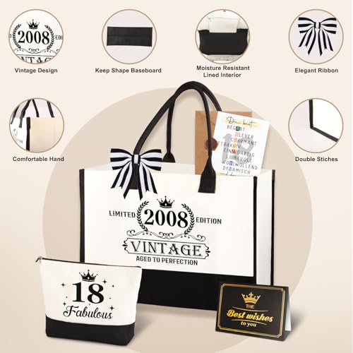 Giftota 18. Geburtstag Geschenk Mädchen – Vintage 2008 Canvas Einkaufstasche Tragetasche & Kosmetiktasche Set mit Grußkarte… – Ansicht 2