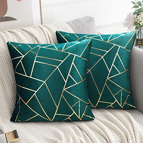 Housse de Coussin en Douce Velours Coussin Bleu Vert Taie d'oreiller Carrées Décor Salon Turquoise Housses de Coussins Decoratif Lignes Dorées Géométrie...