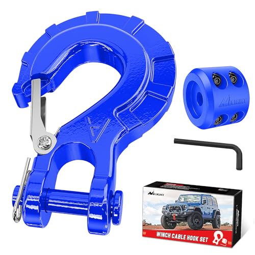 Image of Nilight Forged Steel Winch Hook 3 /8 inch Grade 70 Safety Latch Winch Cable Hook Stopper & Clevis Slip Hook Sets, Included Allen Wrench,Max 35,000 lbs, Blue