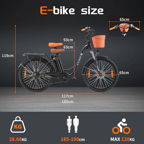 ttgo E Bike 26 Zoll, Elektrofahrräder für Herren Damen mit 36V 14,5AH Akku, Citybike bis zu 100KM Elektrofahrrad mit Korb, 25Km/h, YY-26ST (Schwarz)